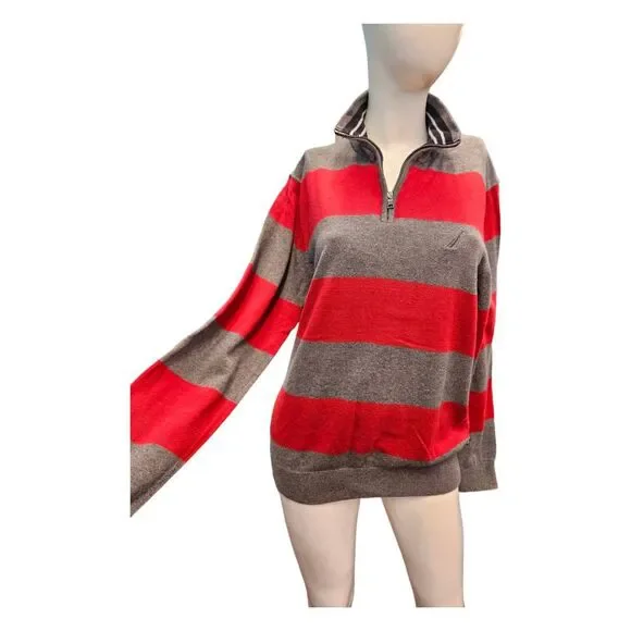 Nautica Red Gray Striped Quarter Zip Sweater Men's Size Large Cotton - Picture 2 of 7